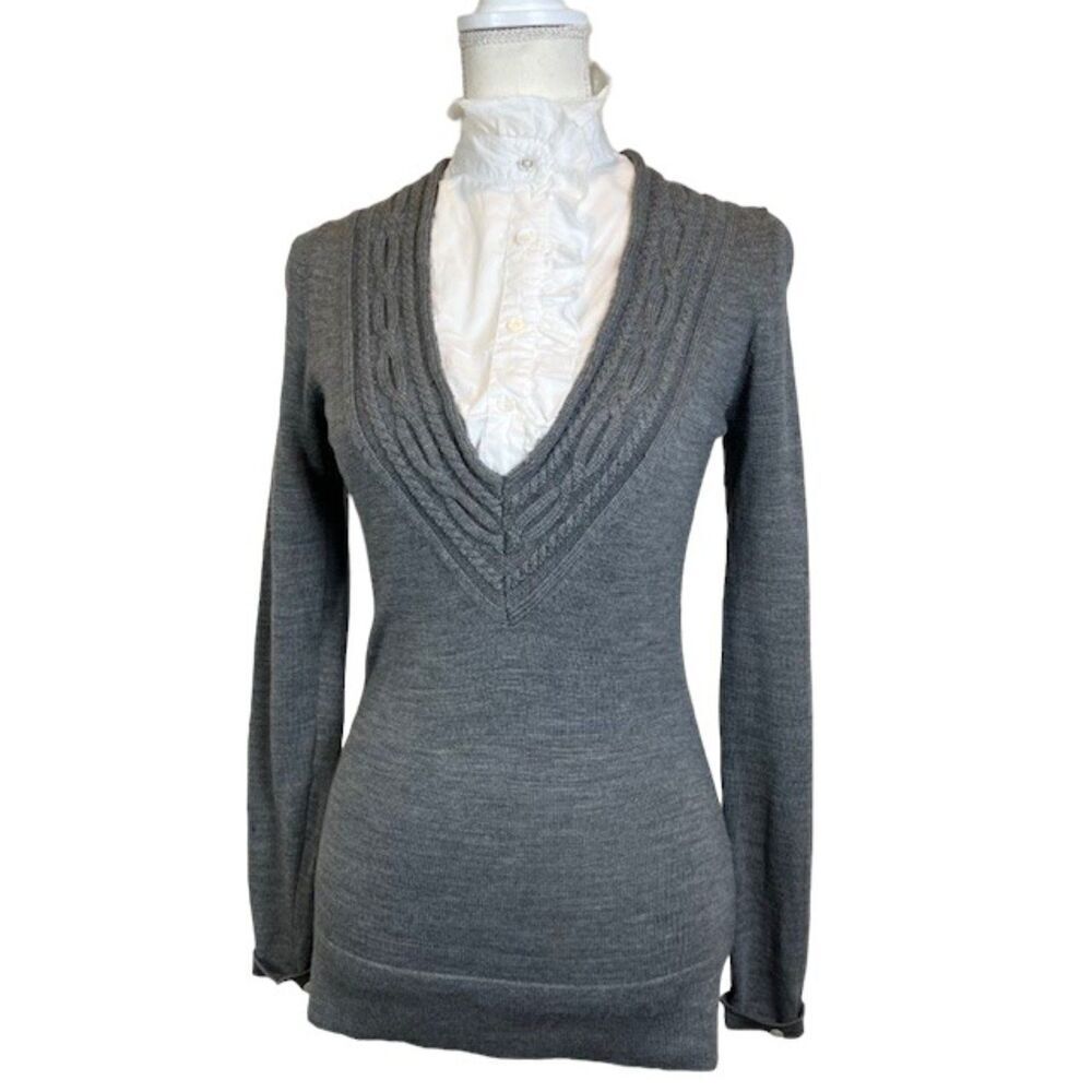 Tory Burch Wool V-Neck Charcoal Sweater With Removable White Ruffle Dickey Small